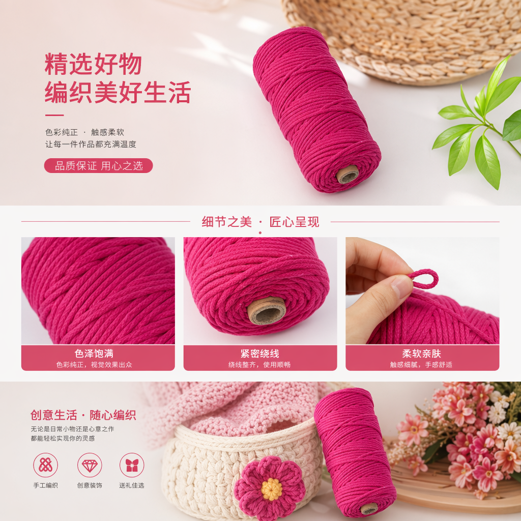 玫瑰红包芯棉绳3mm手工编织棉线绳包心棉绳工艺材料装饰绳厂家批发详情1