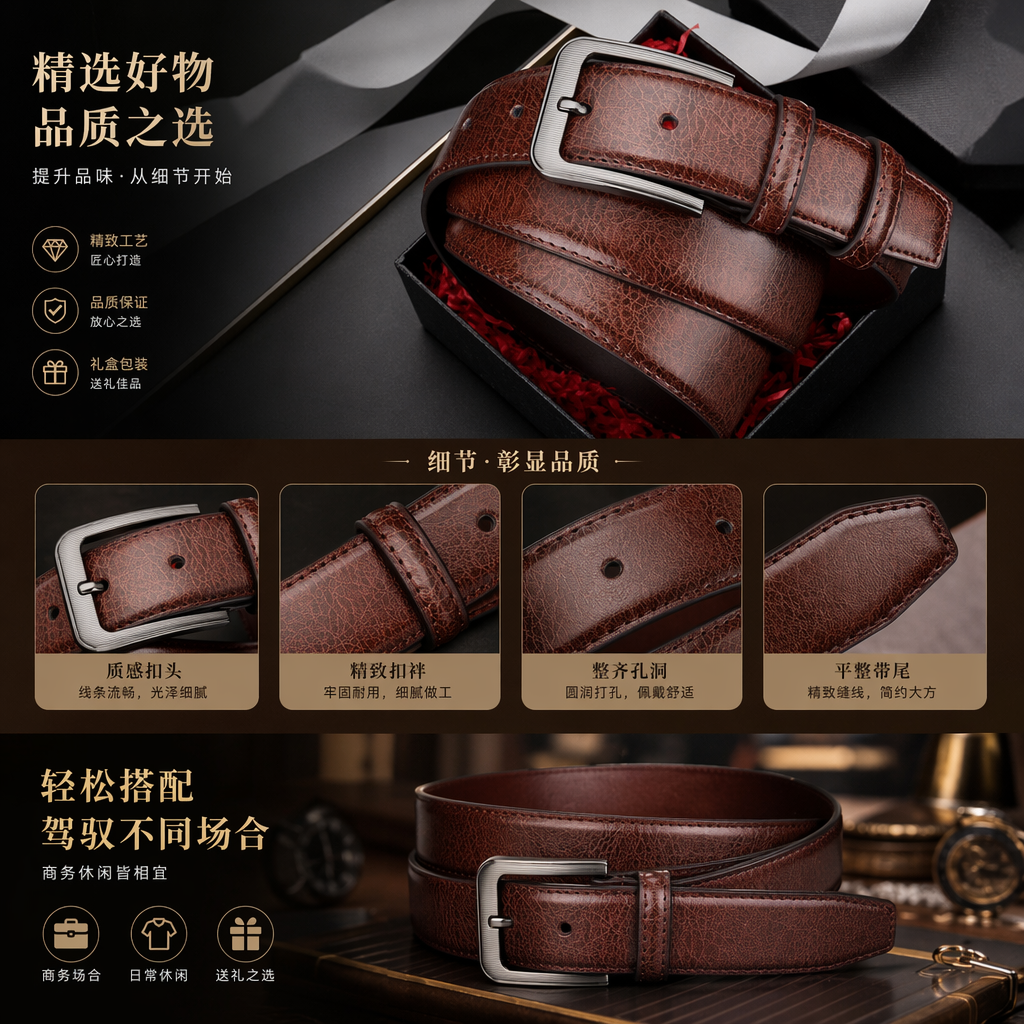 棕色真皮男士腰带 时尚简约百搭商务休闲皮带详情1