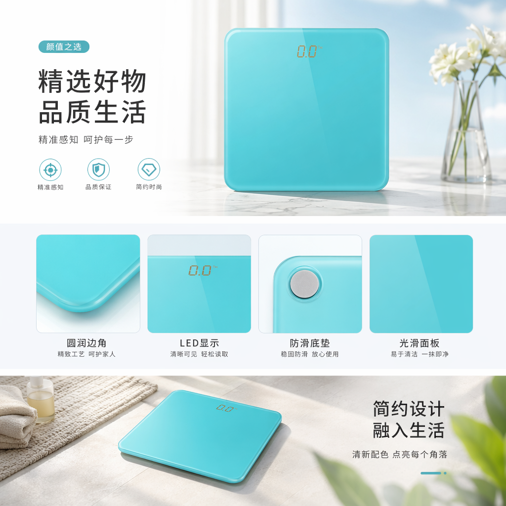 青色电子体重秤 家用高清LED屏智能体脂秤精准测量详情1