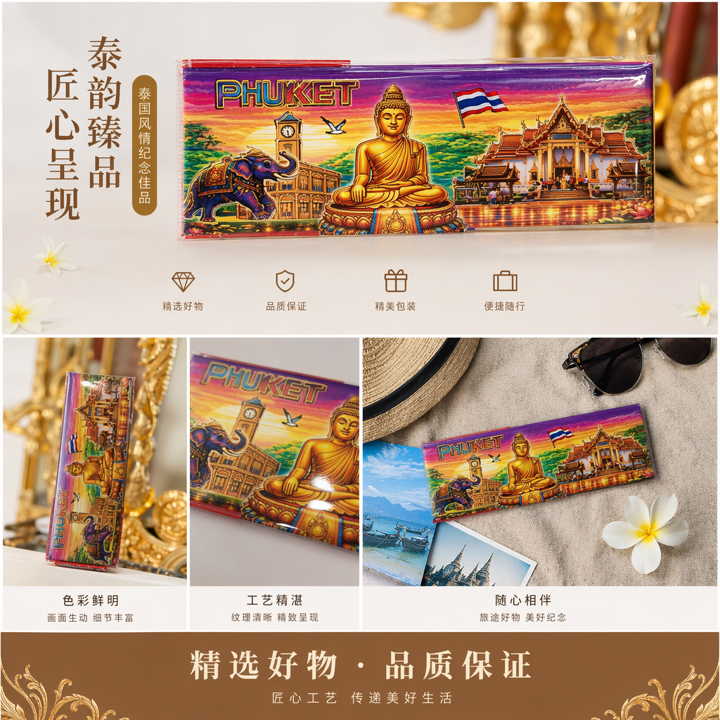 泰国普吉岛金色佛像纪念铁皮画 含国旗钟楼大象PHUKET元素详情1