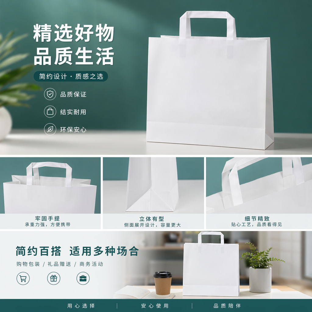 白色纸袋 手提环保牛皮纸购物袋 包装礼品袋可定制详情1