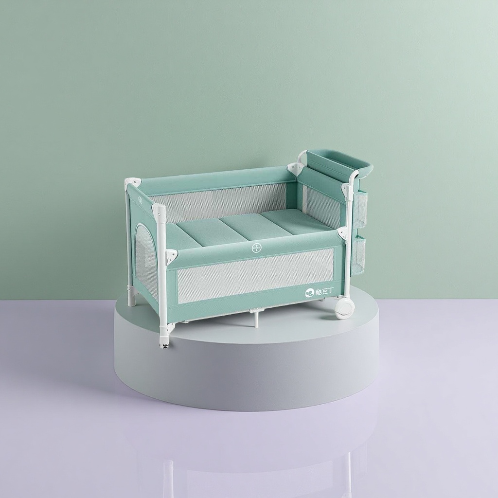 The Bohe Green baby crib is made of solid wood and is environmentally friendly. It has adjustable high and low gears and is equipped with rollers details Picture