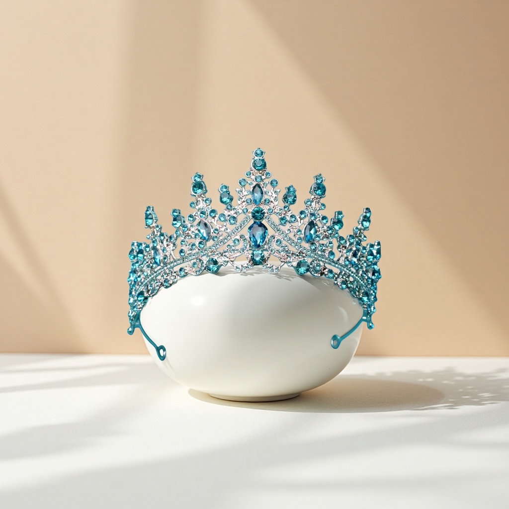 蓝色水晶皇冠发饰 女士派对婚礼头饰 闪亮装饰品