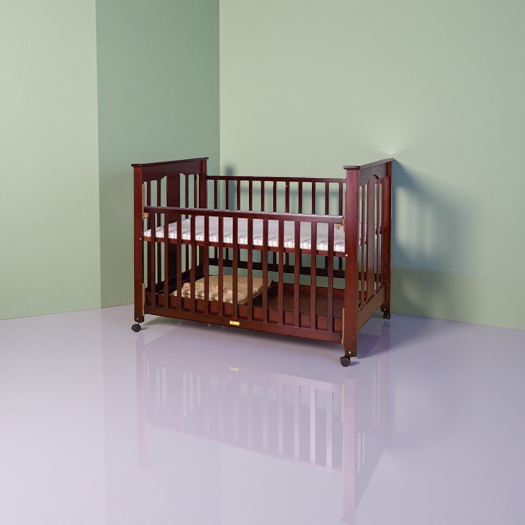Dark brown wooden crib, eco-friendly solid wood baby bed with guardrail and adjustable height Application Scenario
