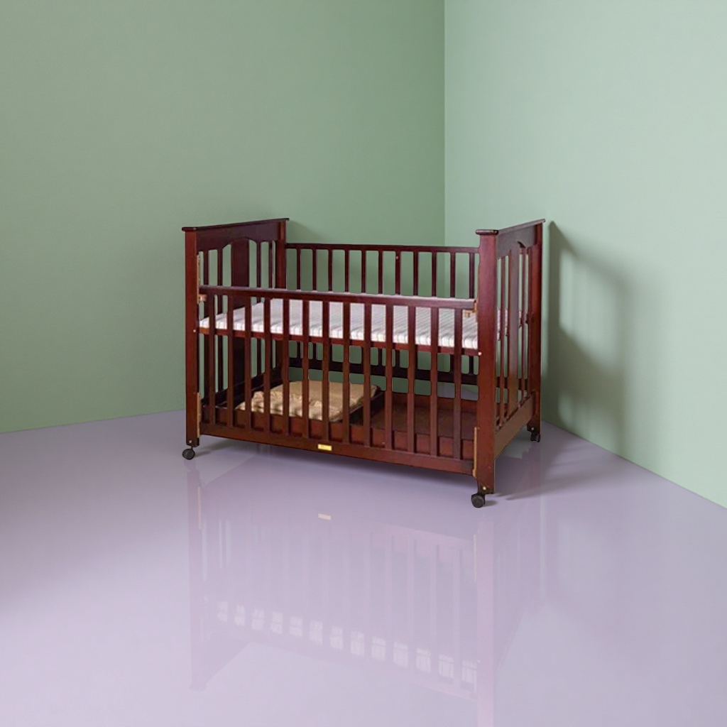Dark brown wooden crib, eco-friendly solid wood baby bed with guardrail and adjustable height Specification image
