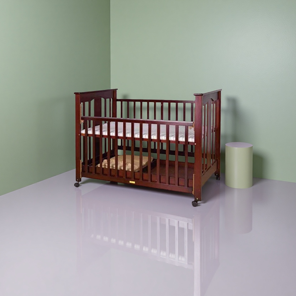 Dark brown wooden crib, eco-friendly solid wood baby bed with guardrail and adjustable height details Picture