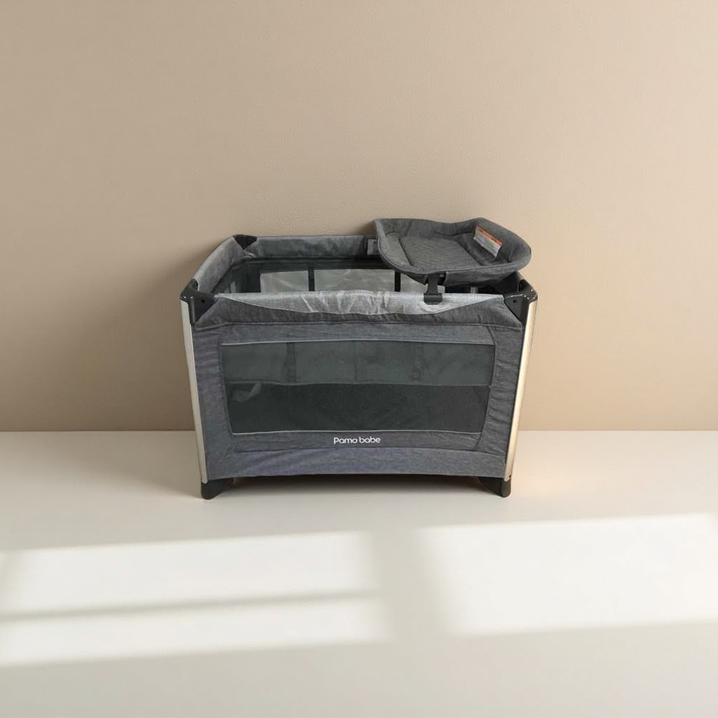 Grey crib, Nordic minimalist style, made of pine wood, with rollers and movable baby bed Specification image