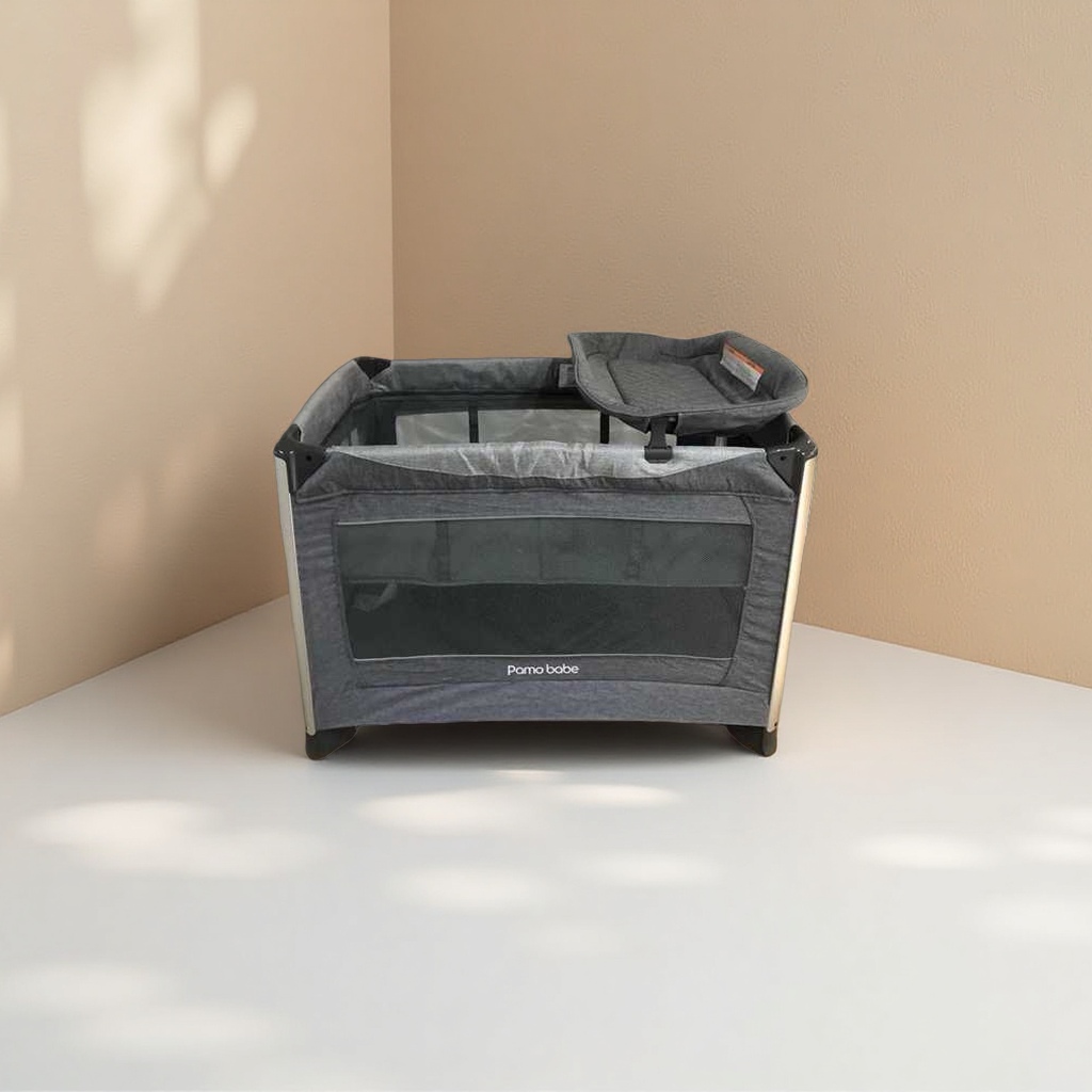 Grey crib, Nordic minimalist style, made of pine wood, with rollers and movable baby bed details Picture