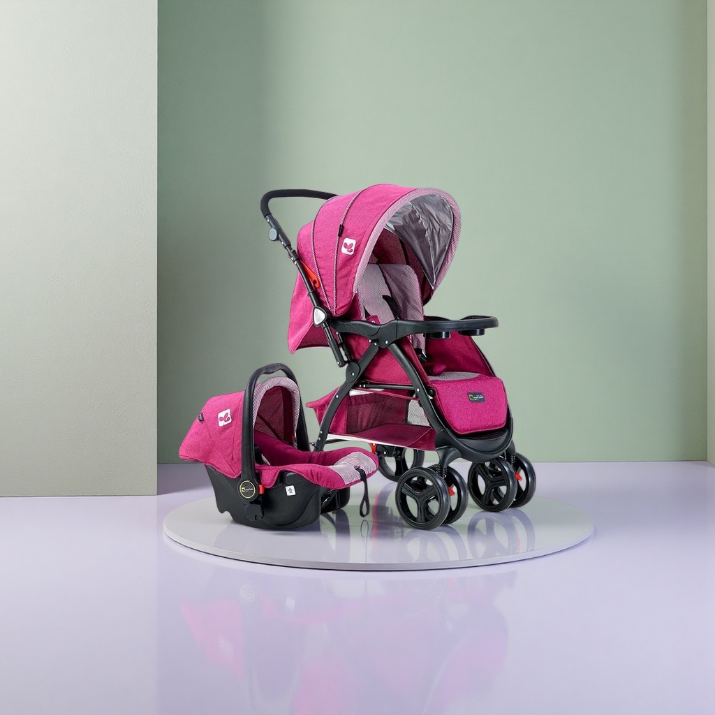 The rose red baby stroller is equipped with a basket-style safety seat, which is lightweight, foldable and adjustable with shock absorption