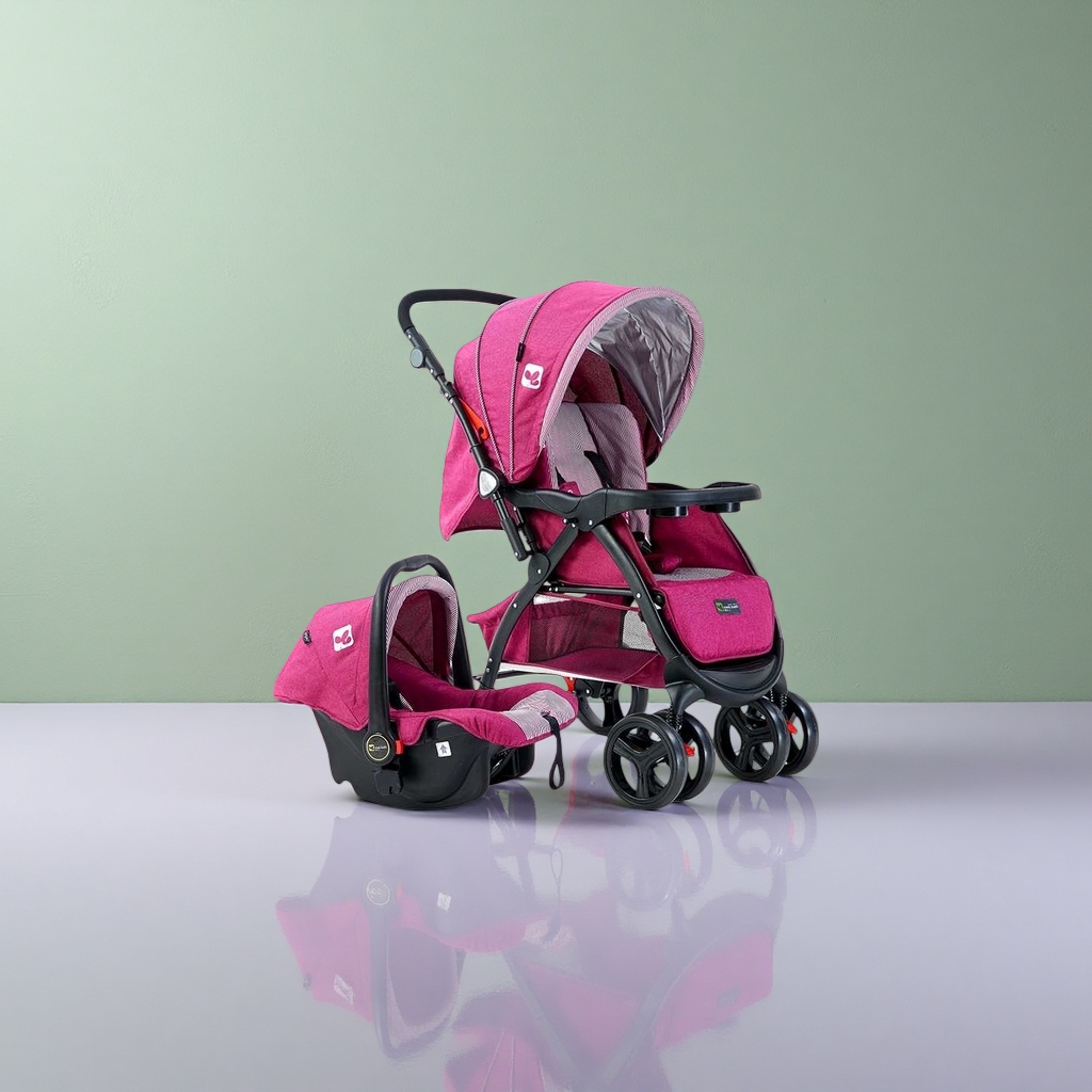 The rose red baby stroller is equipped with a basket-style safety seat, which is lightweight, foldable and adjustable with shock absorption Specification image