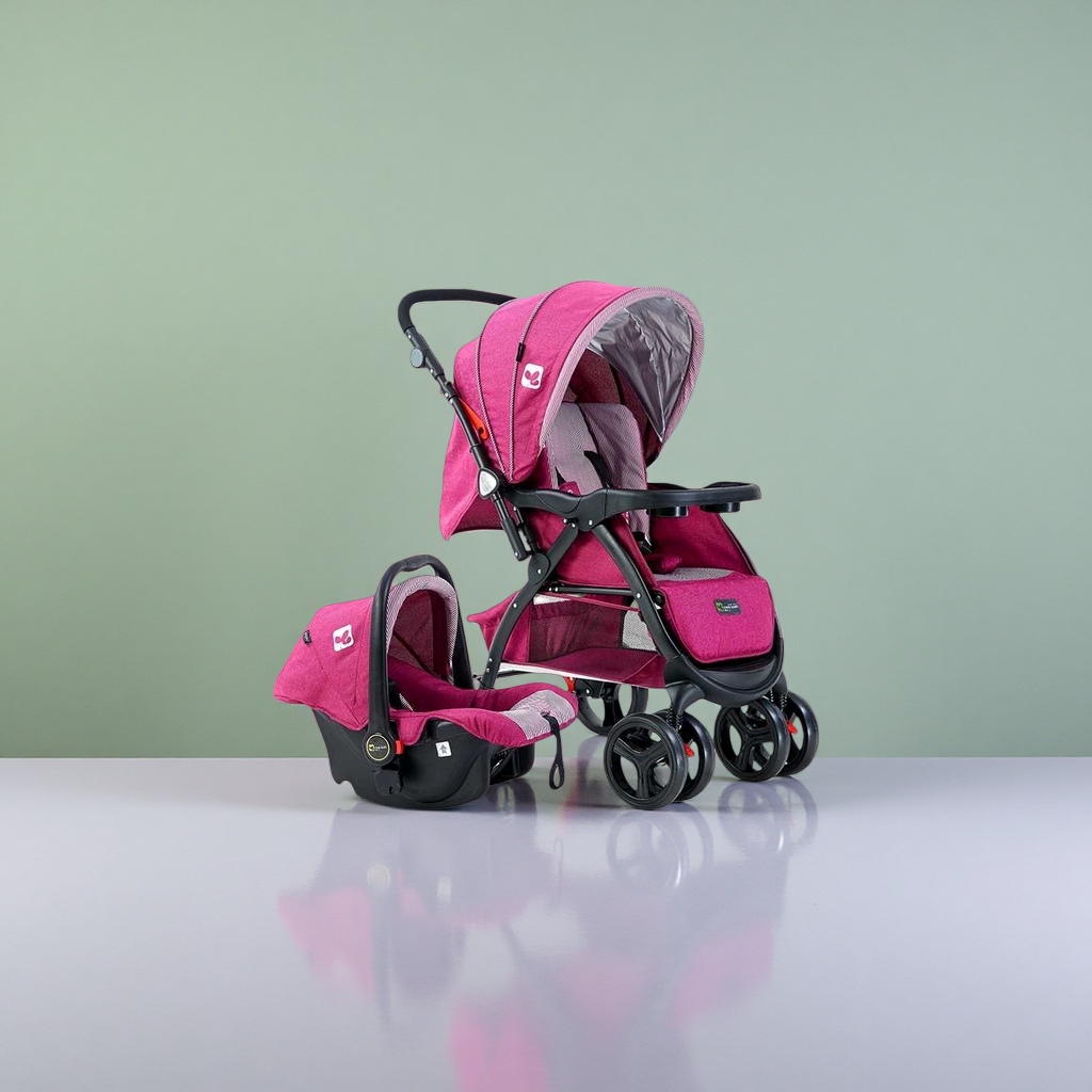 The rose red baby stroller is equipped with a basket-style safety seat, which is lightweight, foldable and adjustable with shock absorption details Picture