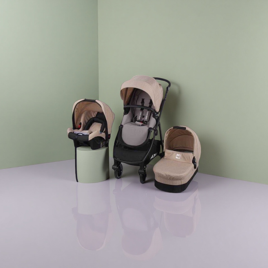 Beige baby stroller three-piece set, high view, lightweight, folding, shock-absorbing, suitable for sitting or lying down Specification image