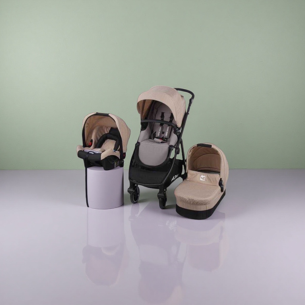 Beige baby stroller three-piece set, high view, lightweight, folding, shock-absorbing, suitable for sitting or lying down Application Scenario