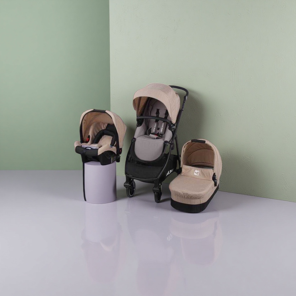 Beige baby stroller three-piece set, high view, lightweight, folding, shock-absorbing, suitable for sitting or lying down details Picture