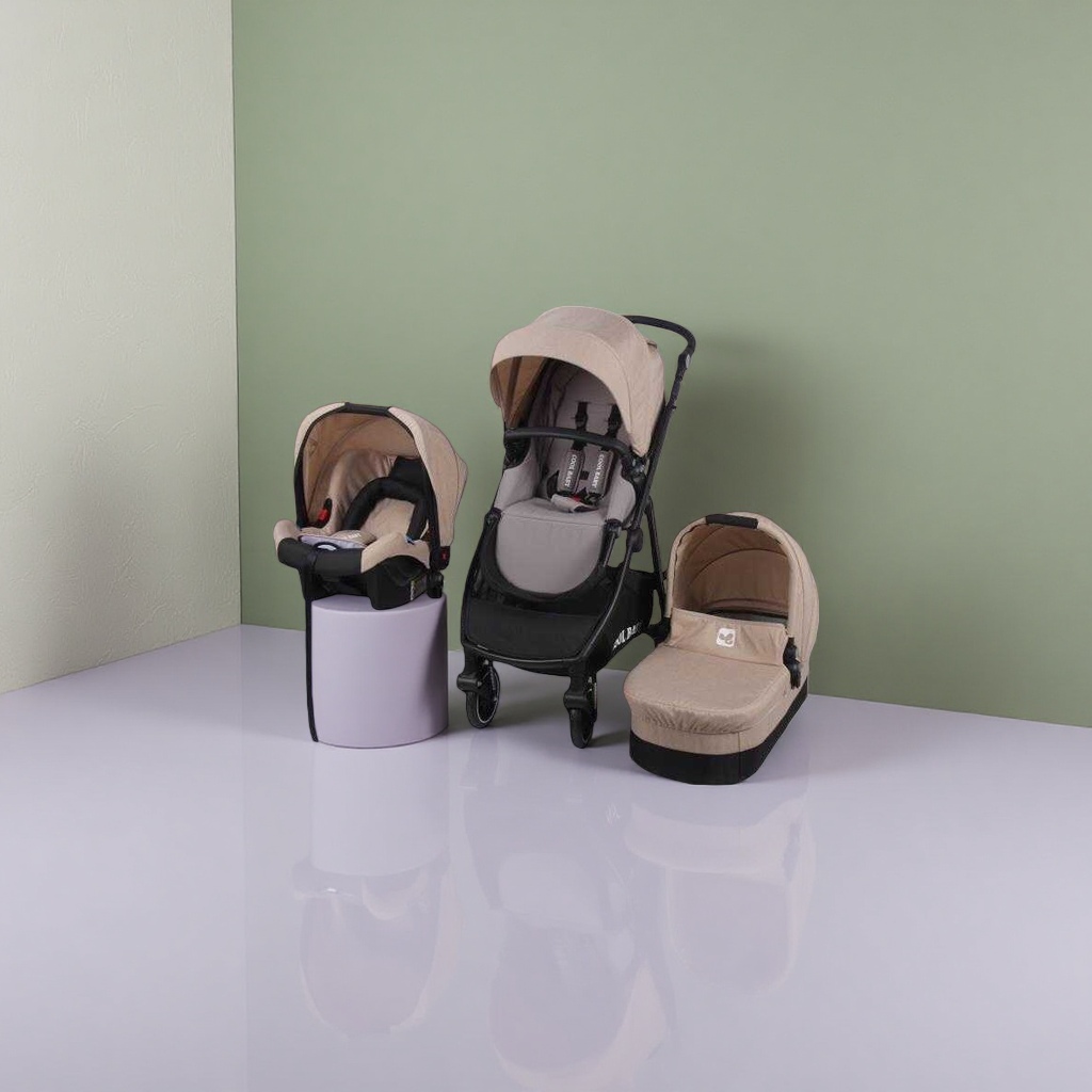 Beige baby stroller three-piece set, high view, lightweight, folding, shock-absorbing, suitable for sitting or lying down
