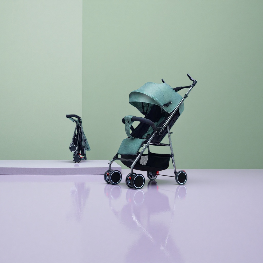 The green baby stroller is lightweight, foldable, suitable for both sitting and lying down, and features a shock-absorbing safety belt with five points details Picture