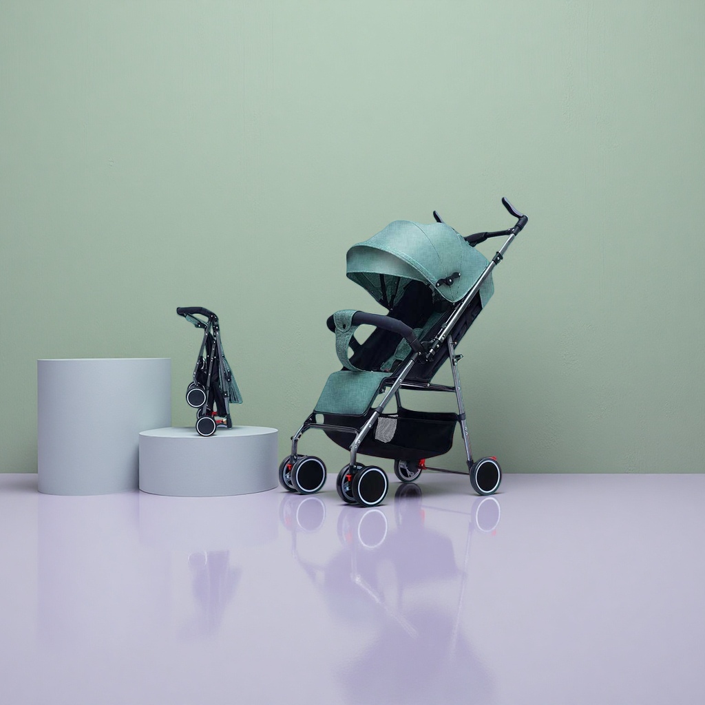 The green baby stroller is lightweight, foldable, suitable for both sitting and lying down, and features a shock-absorbing safety belt with five points Application Scenario
