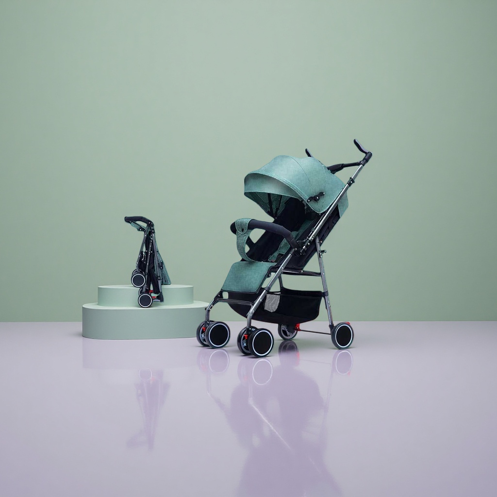 The green baby stroller is lightweight, foldable, suitable for both sitting and lying down, and features a shock-absorbing safety belt with five points Specification image