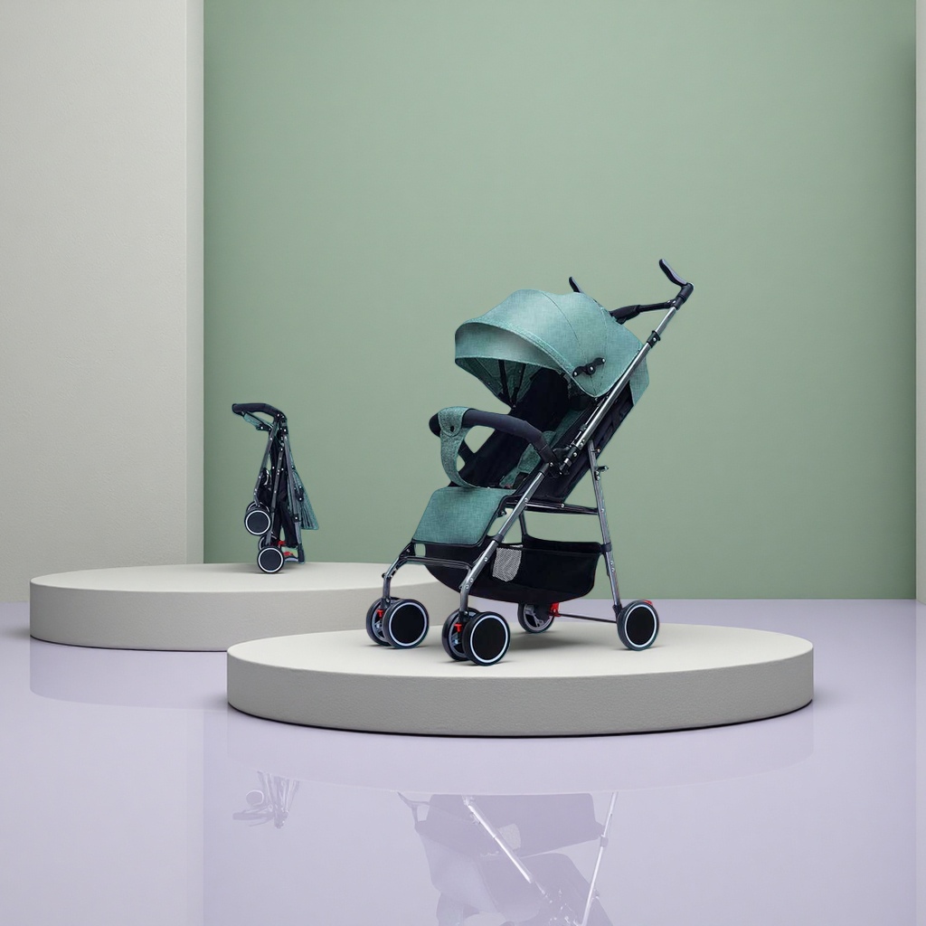 The green baby stroller is lightweight, foldable, suitable for both sitting and lying down, and features a shock-absorbing safety belt with five points