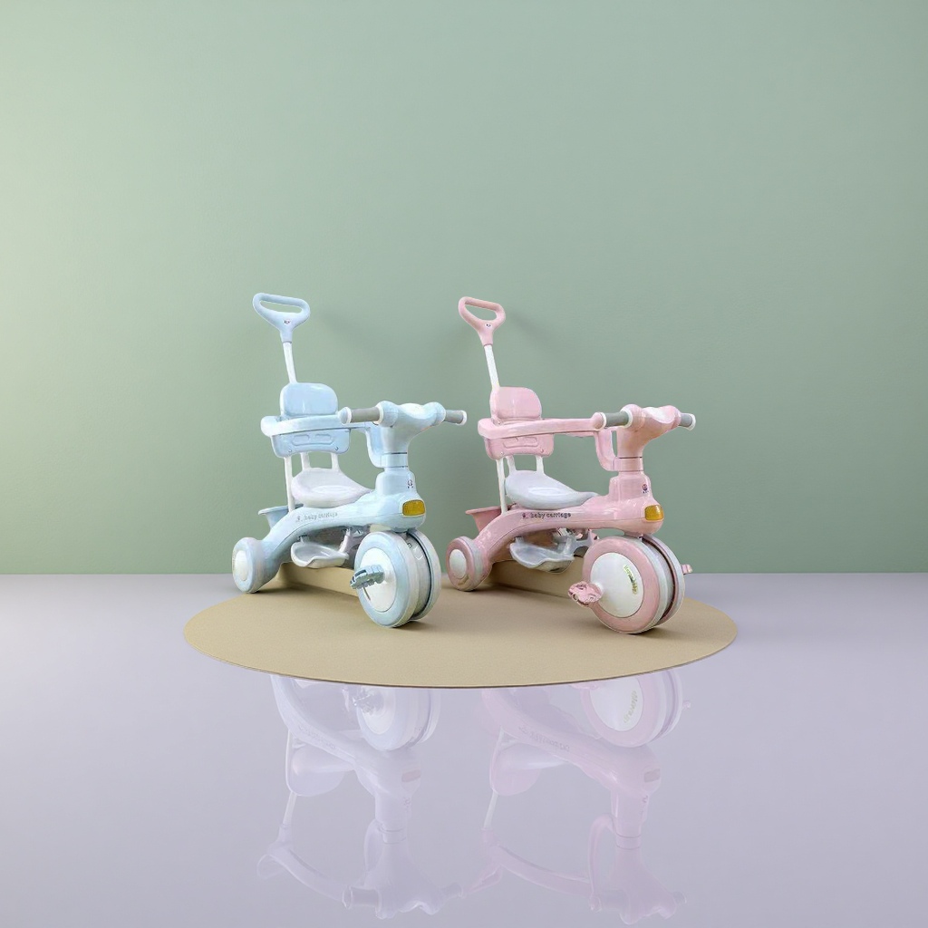 The pink and blue children's tricycle has adjustable seats with sunshades and is safe and anti-slip details Picture
