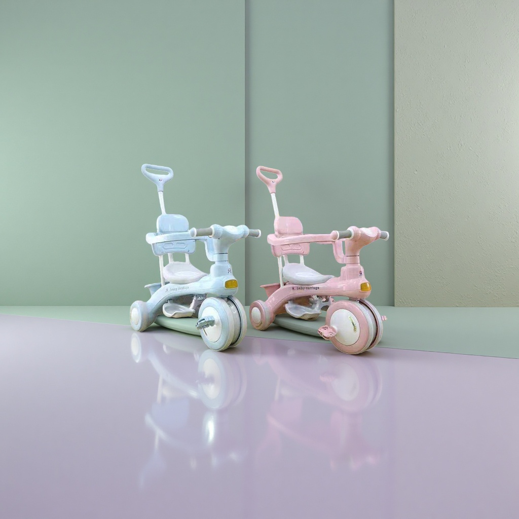 The pink and blue children's tricycle has adjustable seats with sunshades and is safe and anti-slip Specification image