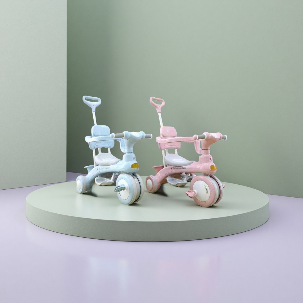 The pink and blue children's tricycle has adjustable seats with sunshades and is safe and anti-slip