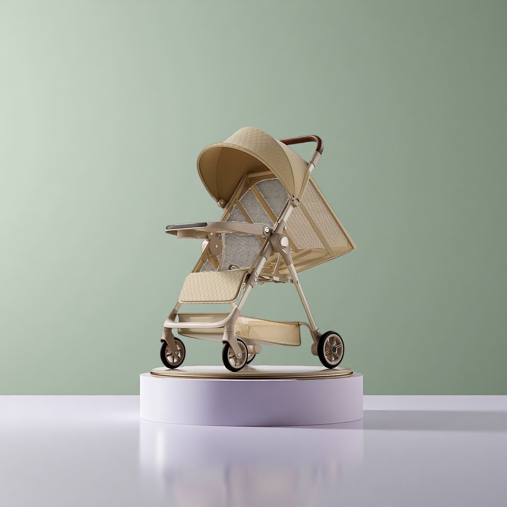 The beige baby stroller is lightweight, foldable, suitable for sitting or lying down, shock-absorbing and high view details Picture