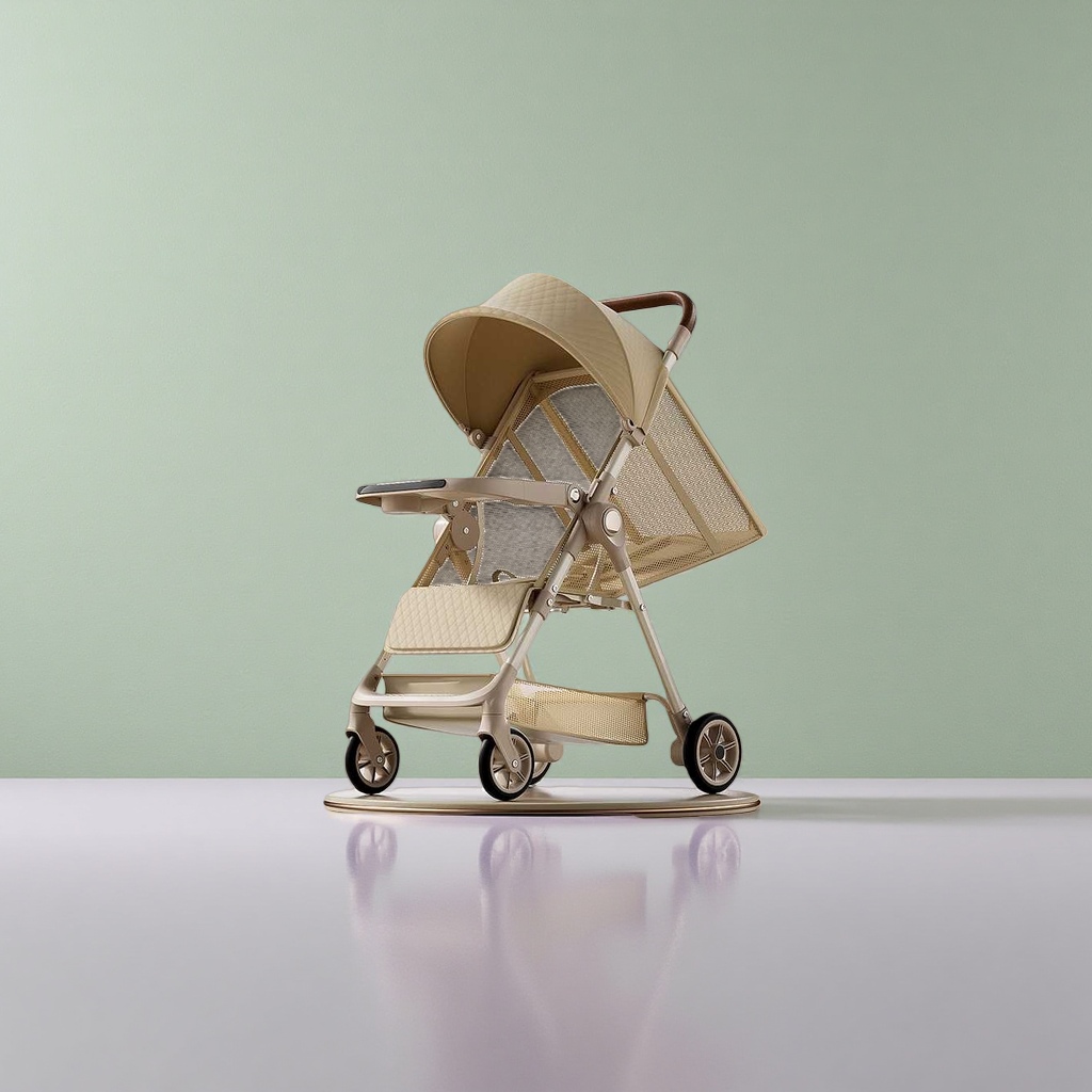 The beige baby stroller is lightweight, foldable, suitable for sitting or lying down, shock-absorbing and high view Specification image