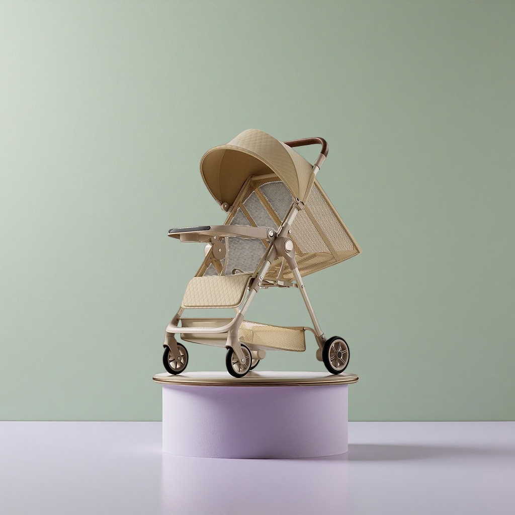 The beige baby stroller is lightweight, foldable, suitable for sitting or lying down, shock-absorbing and high view