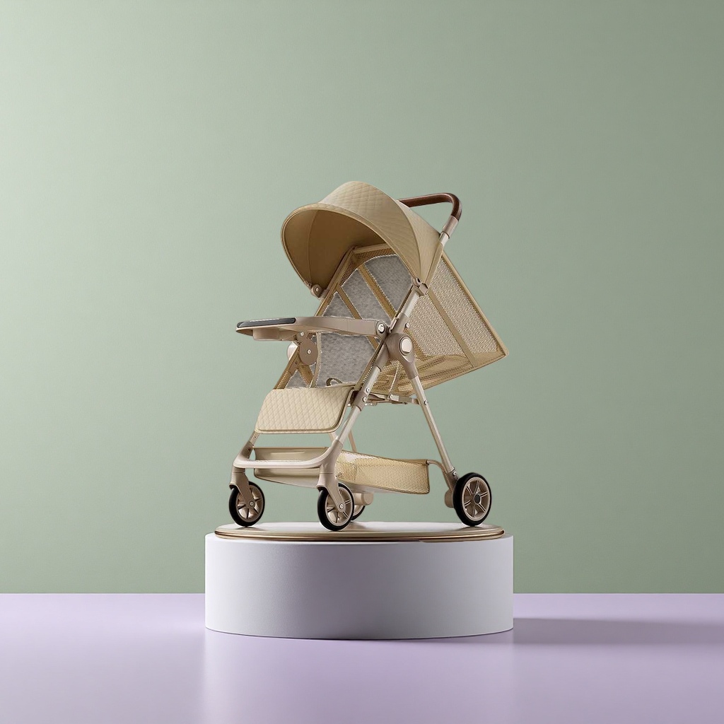 The beige baby stroller is lightweight, foldable, suitable for sitting or lying down, shock-absorbing and high view Application Scenario