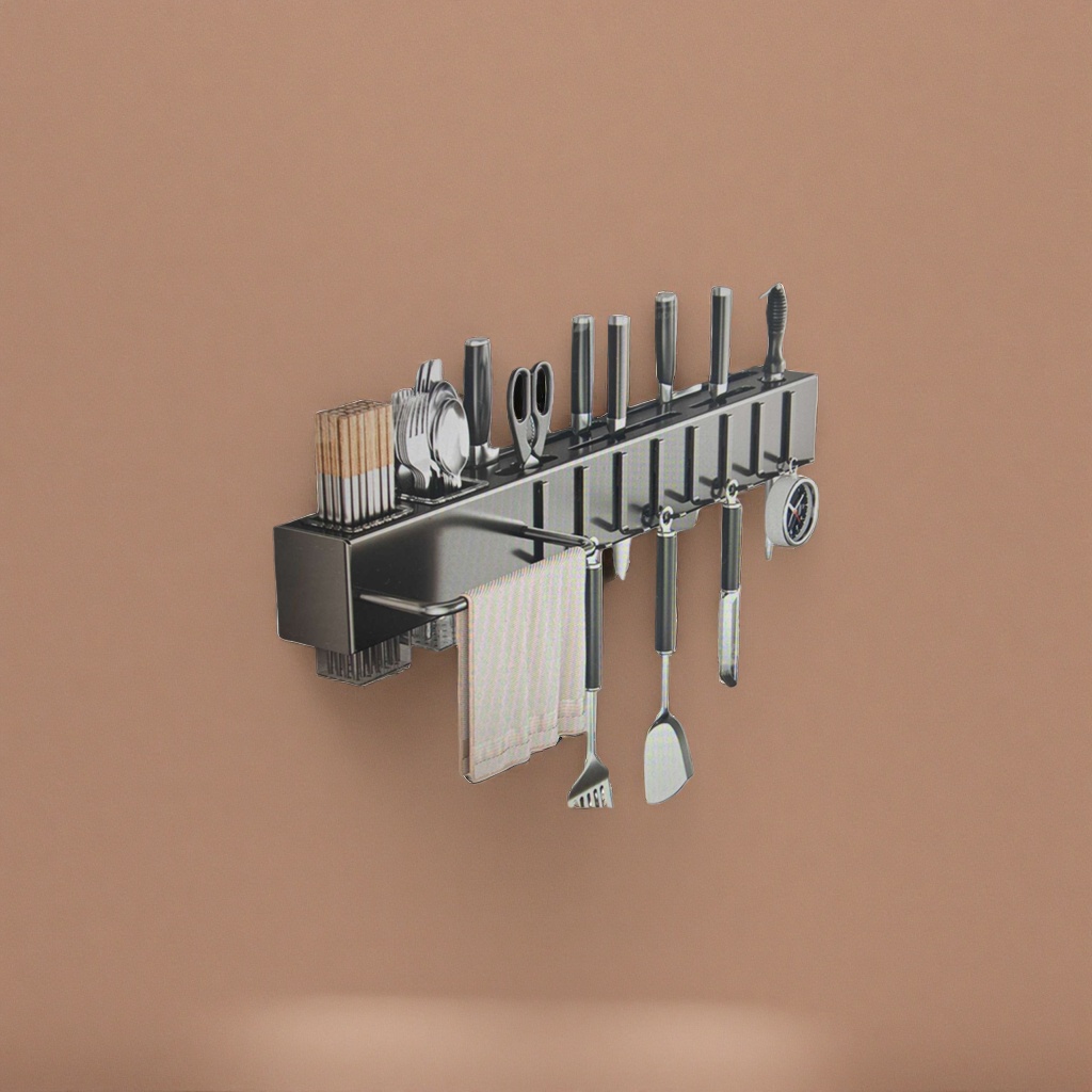 جهاز استقبال بسكين المطبخ الأسود يحتوي على ملعقة بسكين أو مقص، مجرفة أو منشفة Specification image