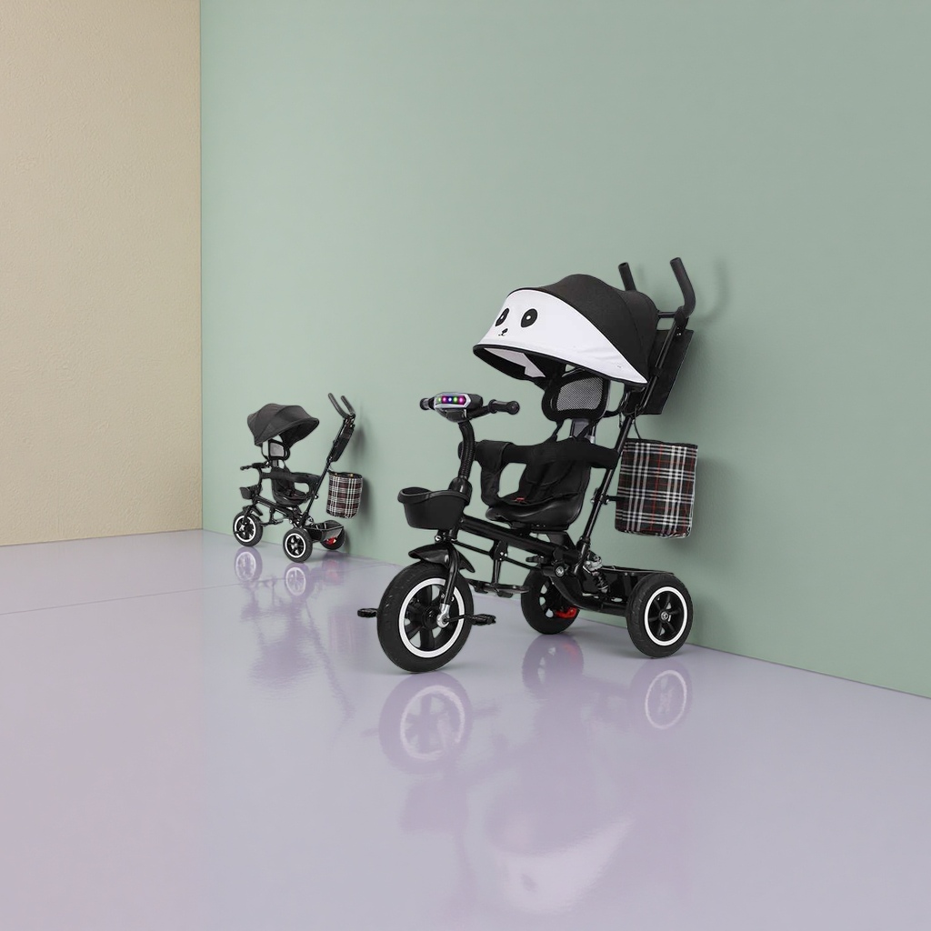 A black panda-shaped tricycle with music and lights can be folded, rotated and transformed into a chair with just one click details Picture
