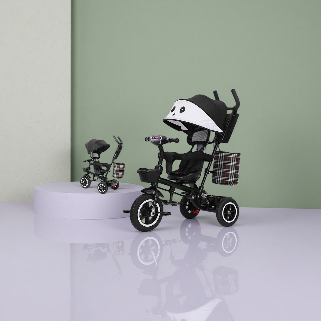 A black panda-shaped tricycle with music and lights can be folded, rotated and transformed into a chair with just one click