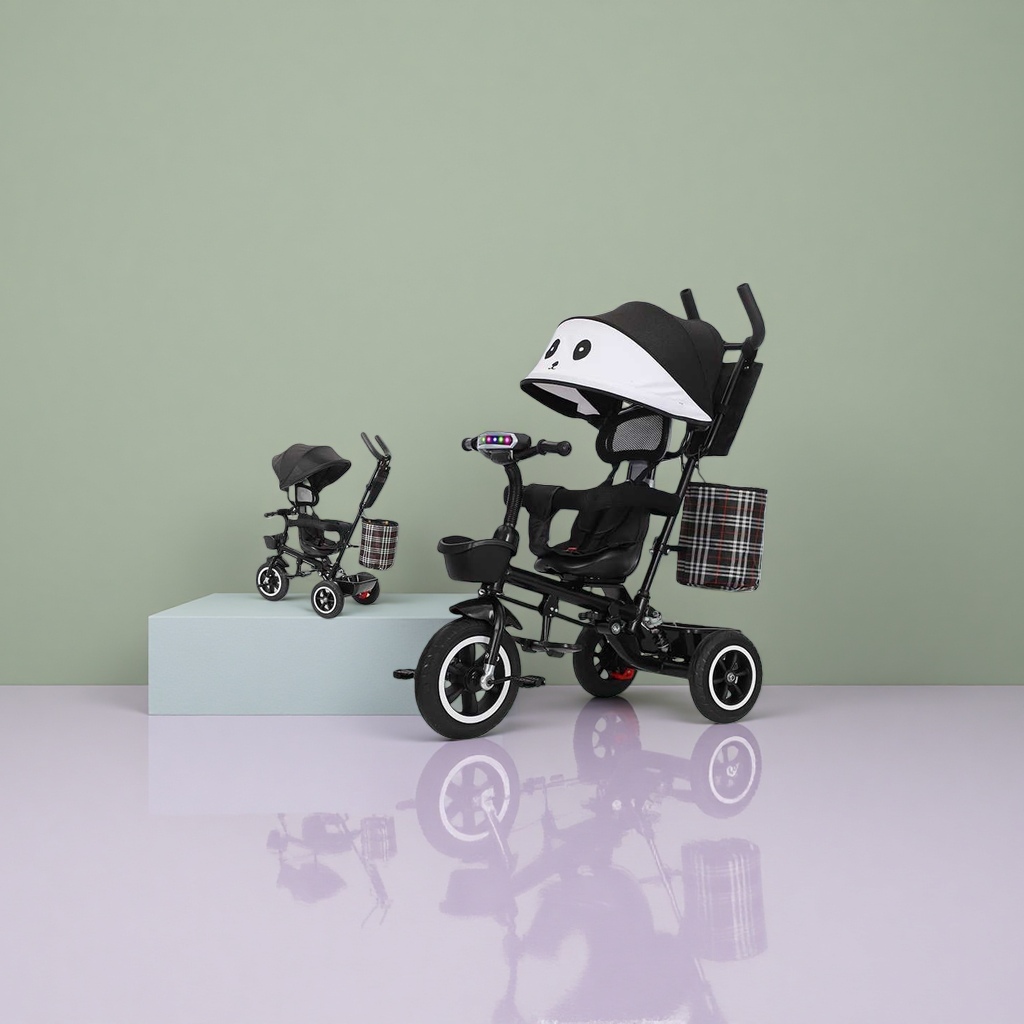 A black panda-shaped tricycle with music and lights can be folded, rotated and transformed into a chair with just one click Application Scenario