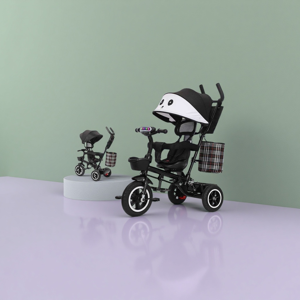 A black panda-shaped tricycle with music and lights can be folded, rotated and transformed into a chair with just one click Specification image