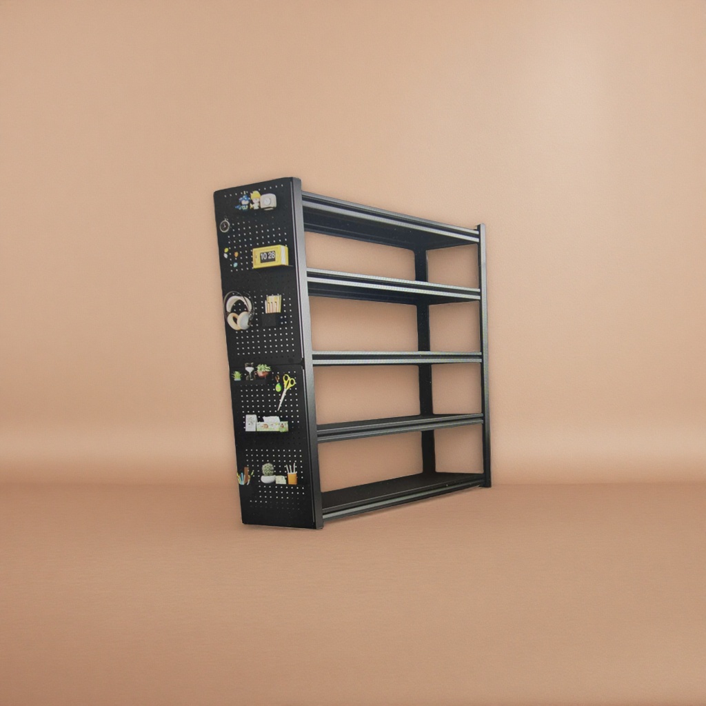 Black perforated board bookshelf, adjustable multi-functional wall storage rack without drilling Specification image