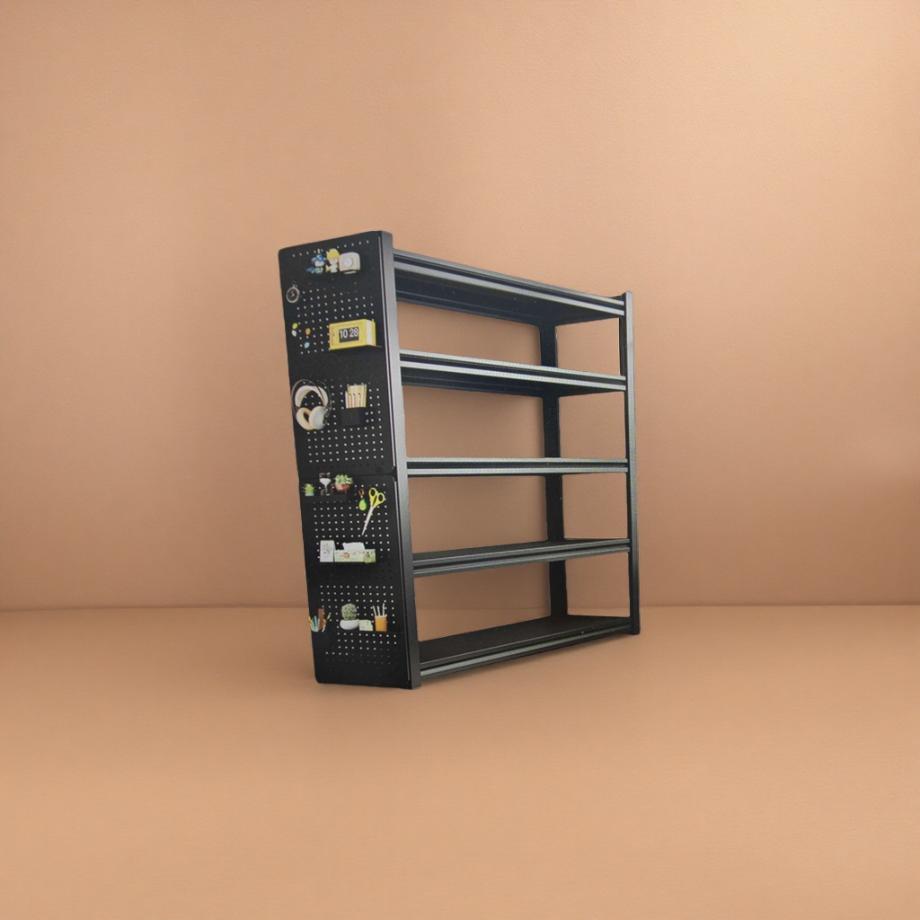 Black perforated board bookshelf, adjustable multi-functional wall storage rack without drilling Application Scenario