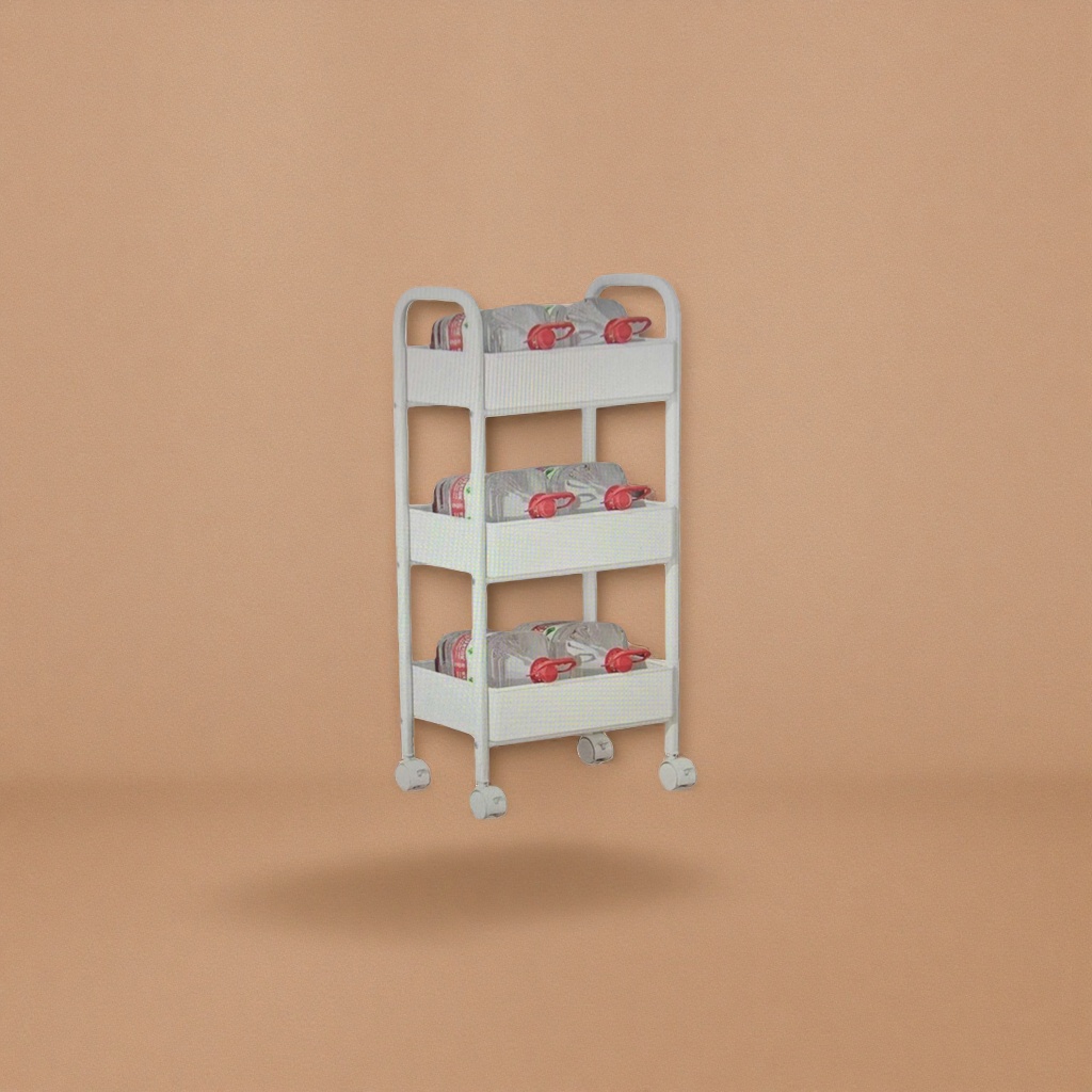 White three-layer wheeled storage rack, thickened load-bearing kitchen and bathroom storage rack details Picture