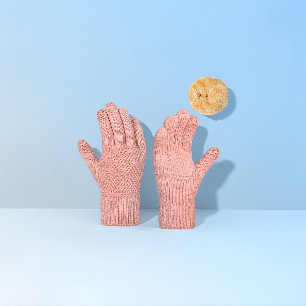 Pink knitted gloves for women, warm and anti-slip, fingertip touch screen autumn and winter style details Picture