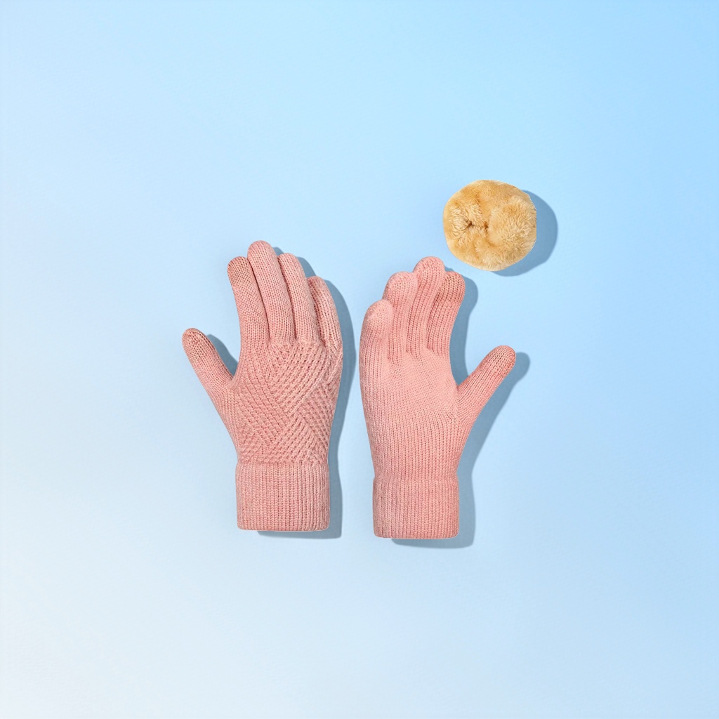 Pink knitted gloves for women, warm and anti-slip, fingertip touch screen autumn and winter style Specification image