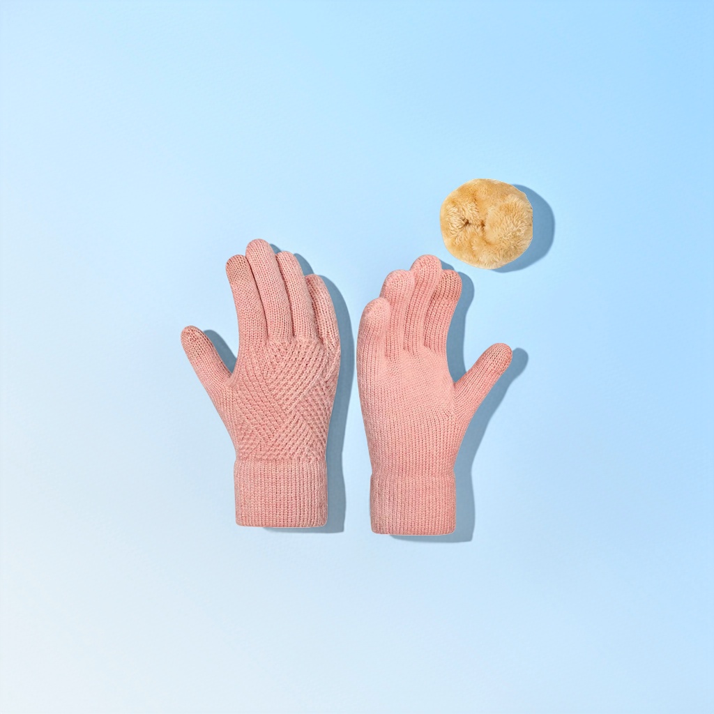 Pink knitted gloves for women, warm and anti-slip, fingertip touch screen autumn and winter style