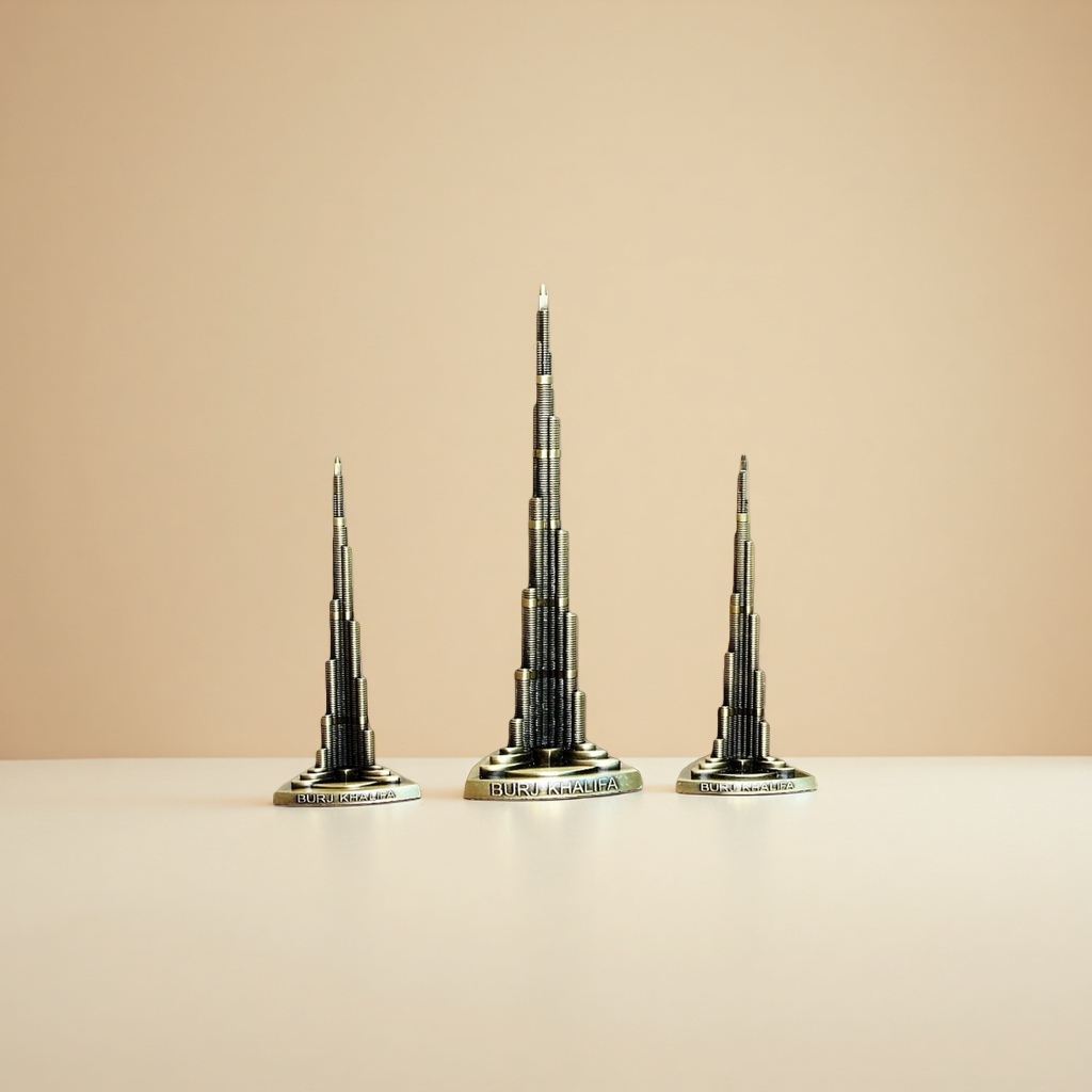 金色金属哈利法塔模型摆件三座微缩建筑底座刻BURJ KHALIFA棕色布面背景粉色花朵