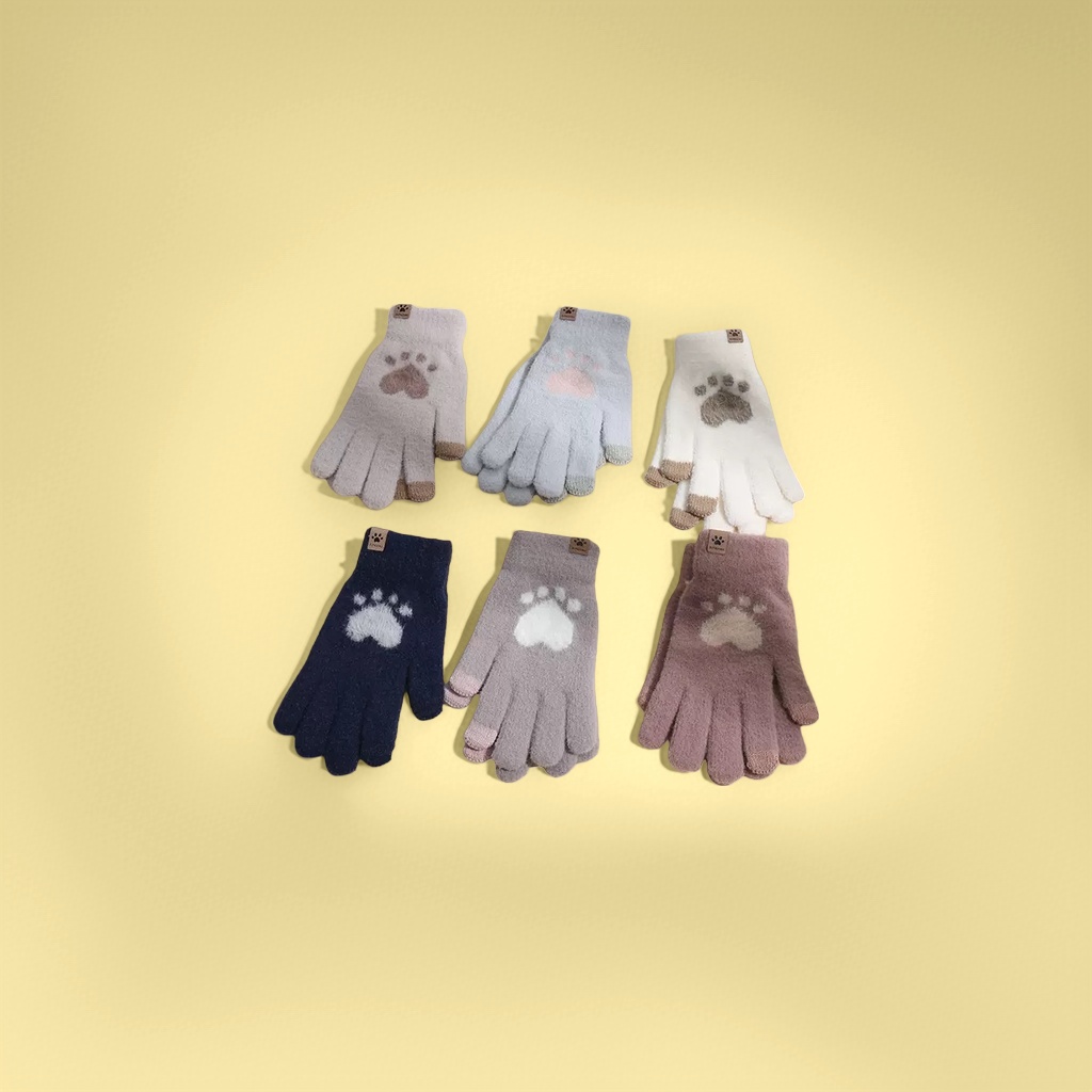 Colorful plush paw print warm gloves for both men and women, winter style thickened and anti-slip