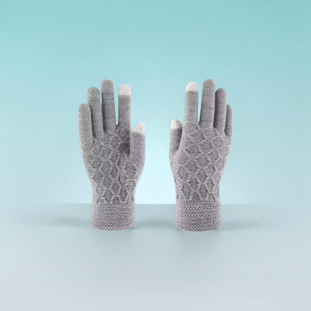 Grey knitted gloves, warm and anti-slip, thin hand protection for ladies in autumn and winter, with touch screen