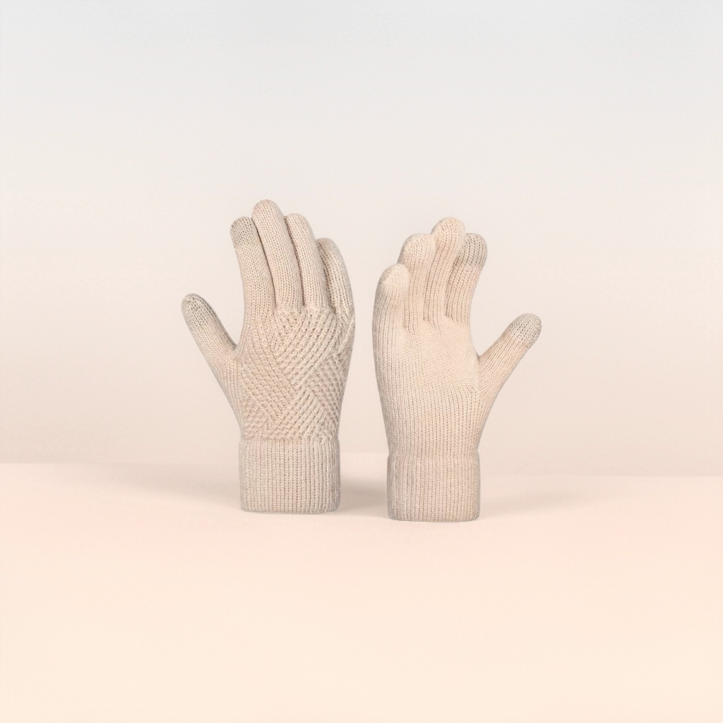 Beige knitted gloves for women, warm and anti-slip for autumn and winter, fingertip touch screen style