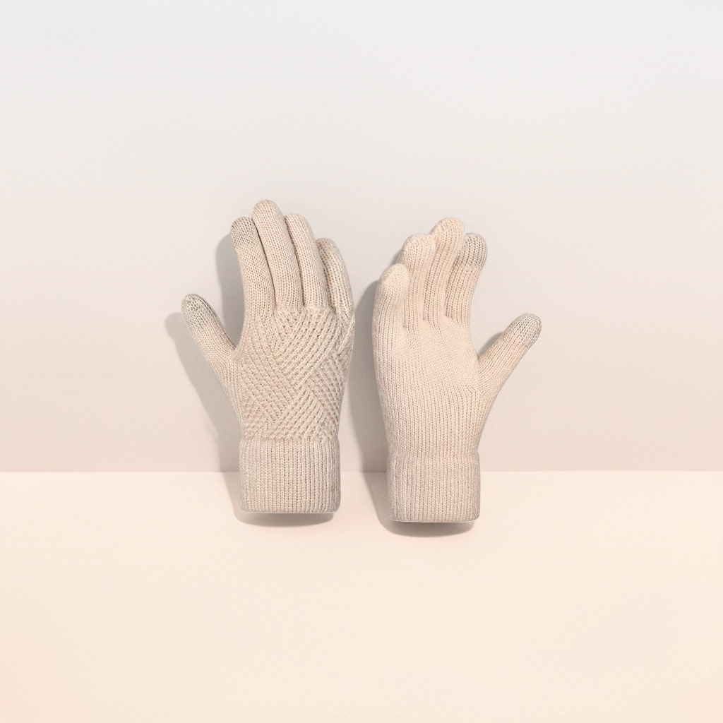 Beige knitted gloves for women, warm and anti-slip for autumn and winter, fingertip touch screen style Application Scenario