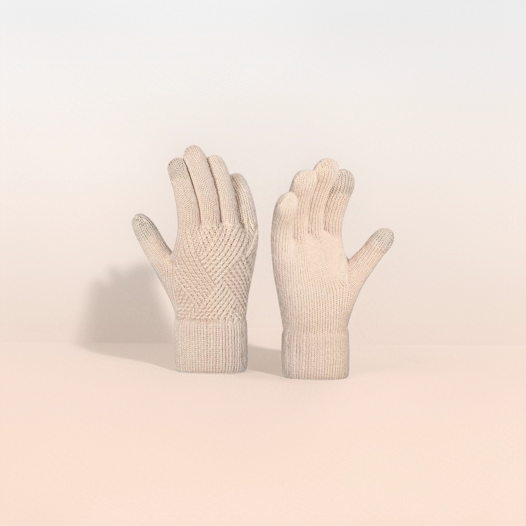 Beige knitted gloves for women, warm and anti-slip for autumn and winter, fingertip touch screen style details Picture