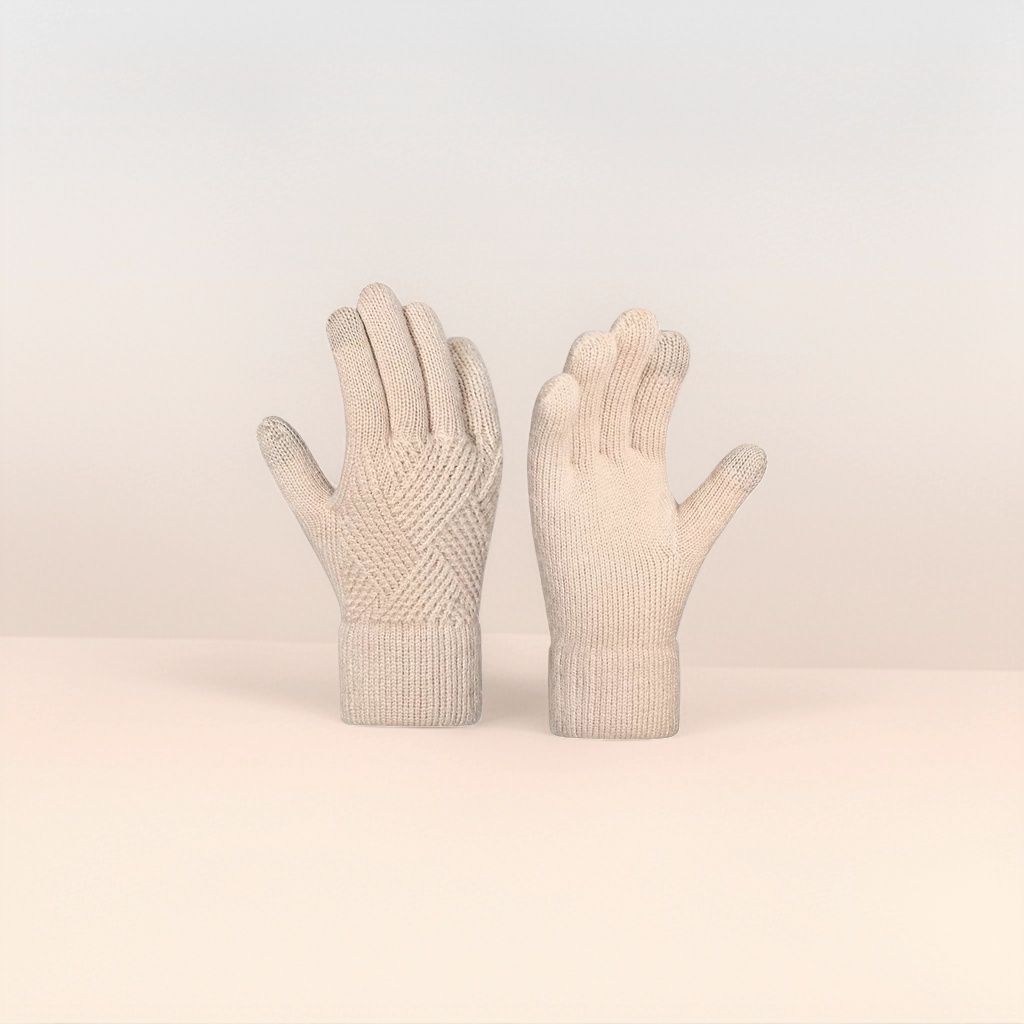Beige knitted gloves for women, warm and anti-slip for autumn and winter, fingertip touch screen style Specification image