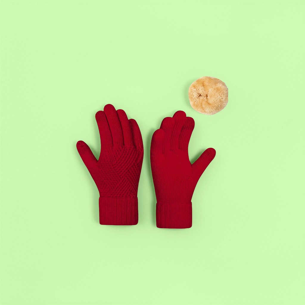 Red knitted gloves for women, warm and anti-slip woolen gloves, thickened for autumn and winter Specification image