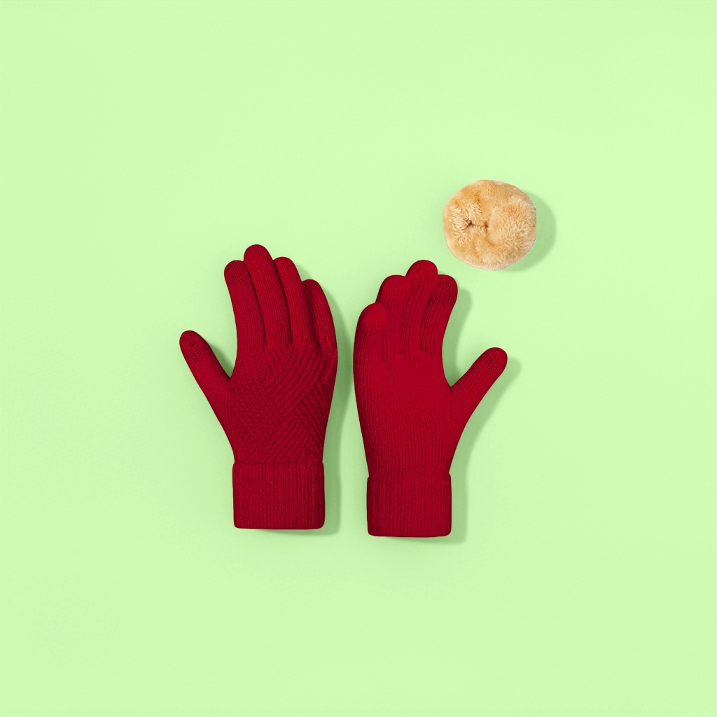 Red knitted gloves for women, warm and anti-slip woolen gloves, thickened for autumn and winter details Picture